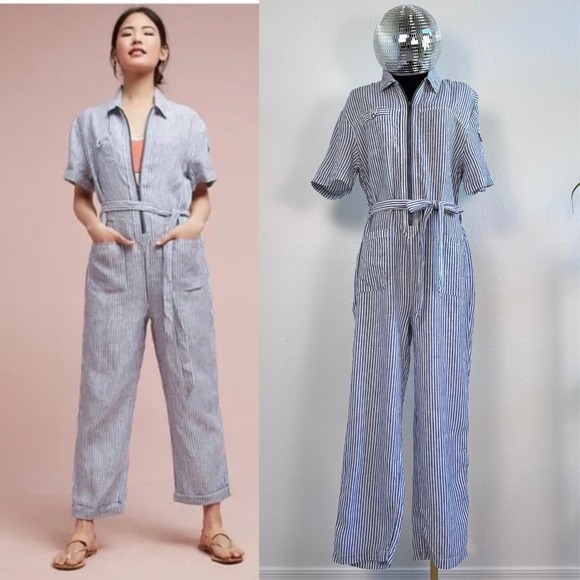 Anthropologie Pants - Anthro Cartonnier Blue and White Railroad Stripe Utility‎ Jumpsuit, Size Medium